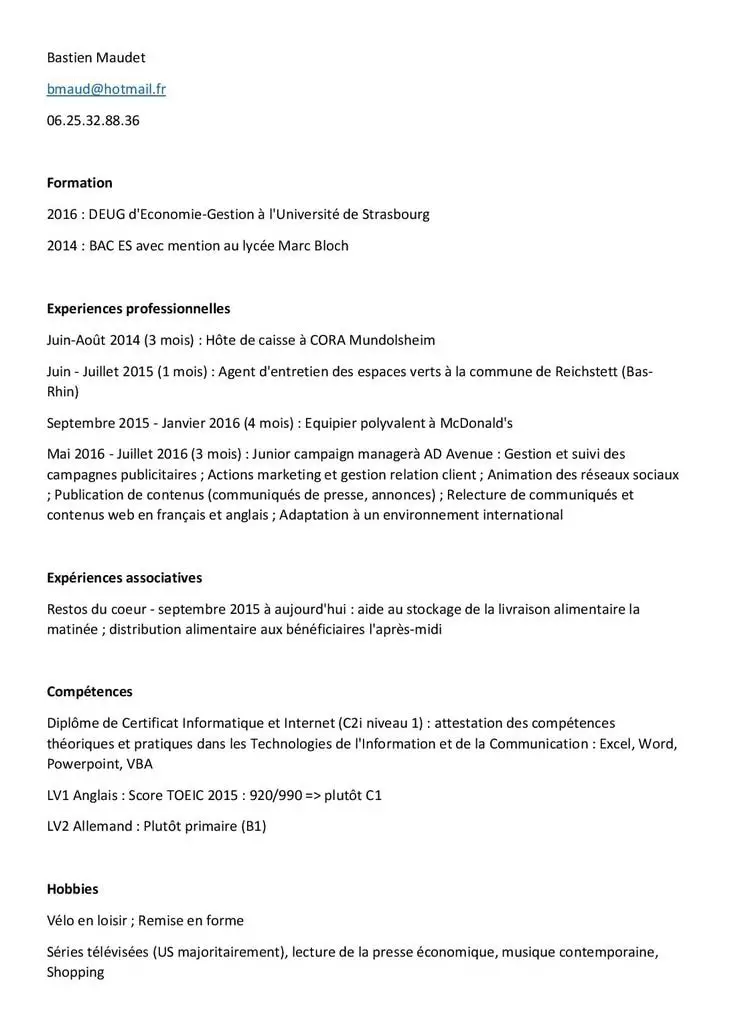 cv job d'été vendeur avant modif