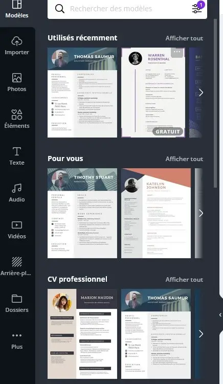 Outils disponibles pour modifier un CV sur Canva