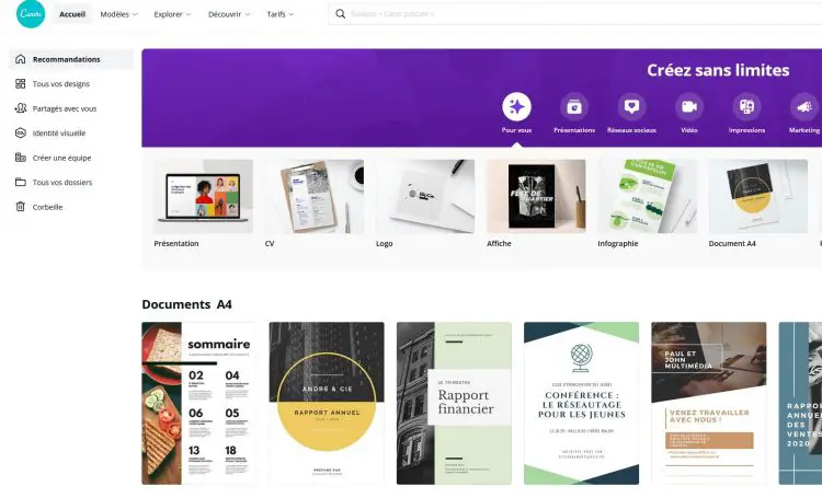 Page d'accueil de Canva en version gratuite