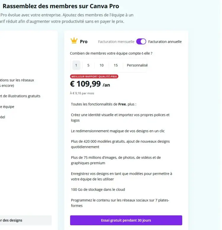 Prix annuel du forfait "Pro" de Canva