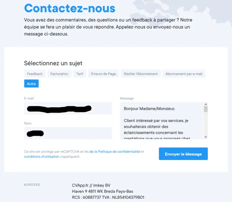 Message envoyé au service client CVapp