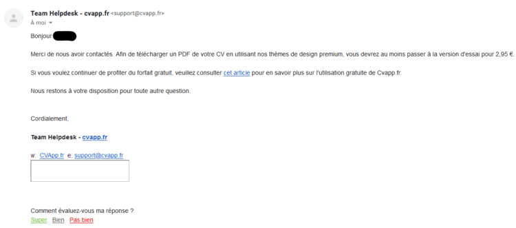 Réponse service client CVapp