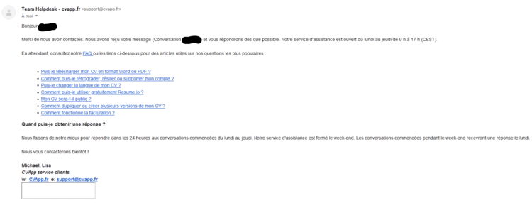 Mail automatique service client CVapp