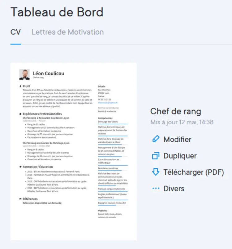 Tableau de bord CVapp