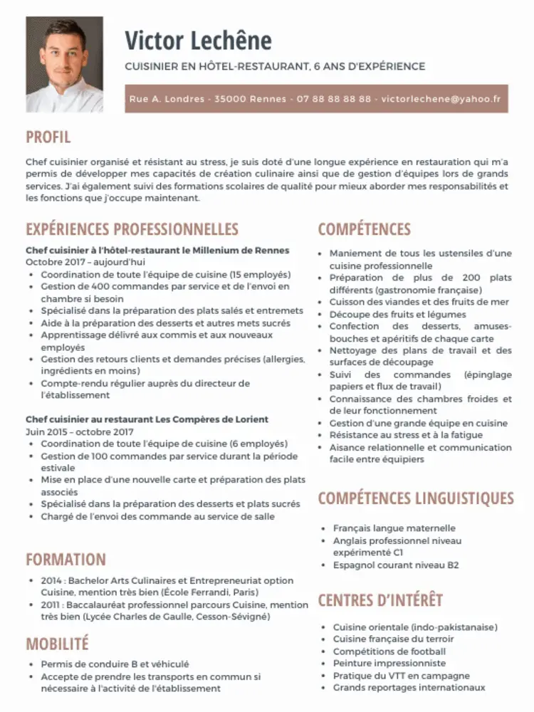 Exemple d'un CV de cuisinier