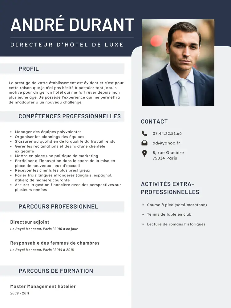 cv directeur hotel luxe