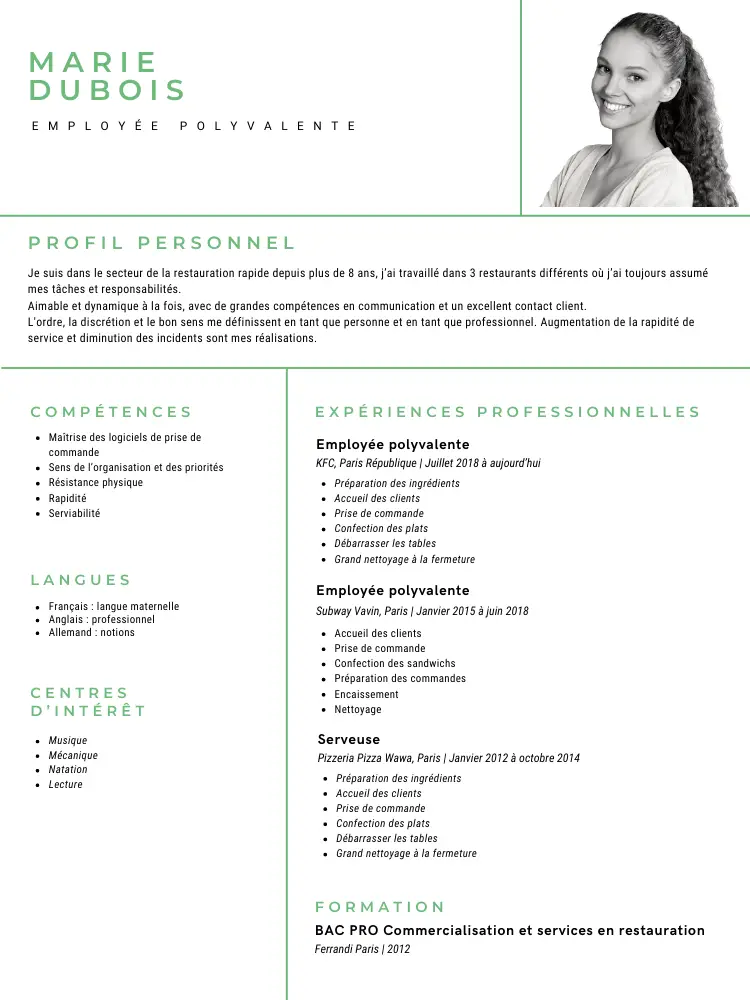 cv employee polyvalente restauration rapide