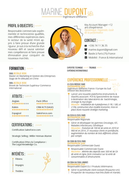 CV original et orange avec graphiques et illustrations