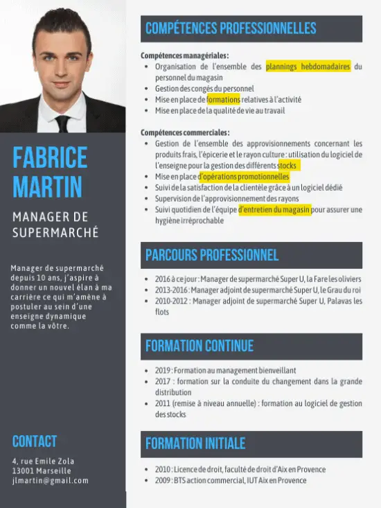 cv manager supermarche adaptaté avec surlignage