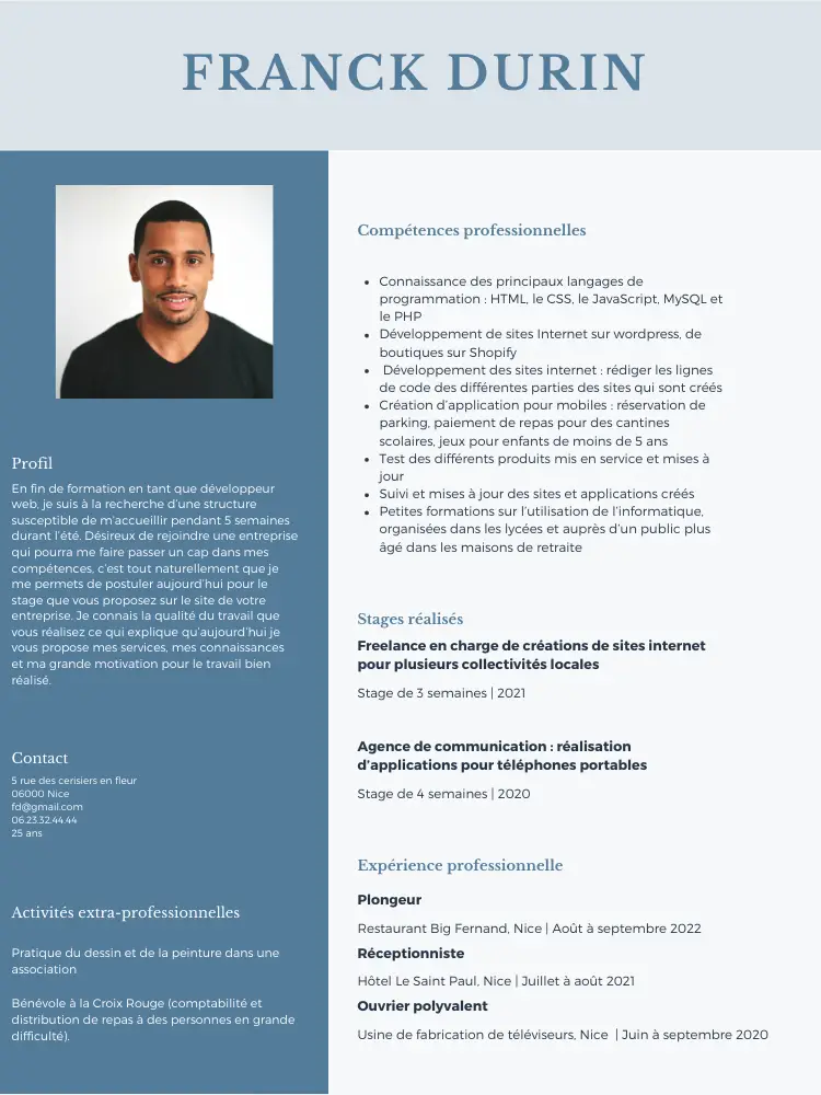 cv stage développeur web