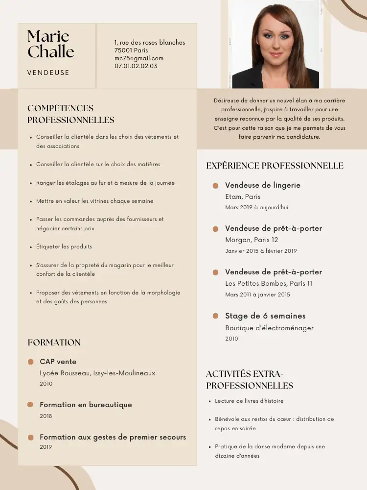 presentation cv vendeuse