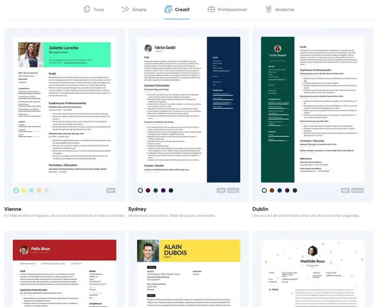 Modèles de CV disponibles sur Cvapp