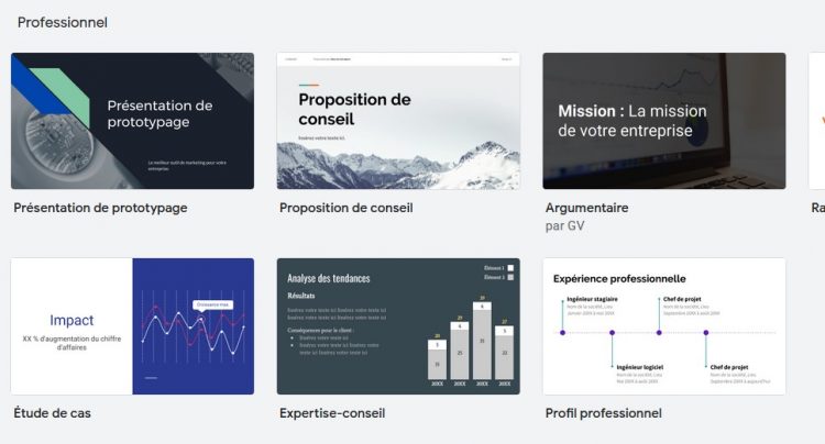 Différents modèles offerts par Google Slides