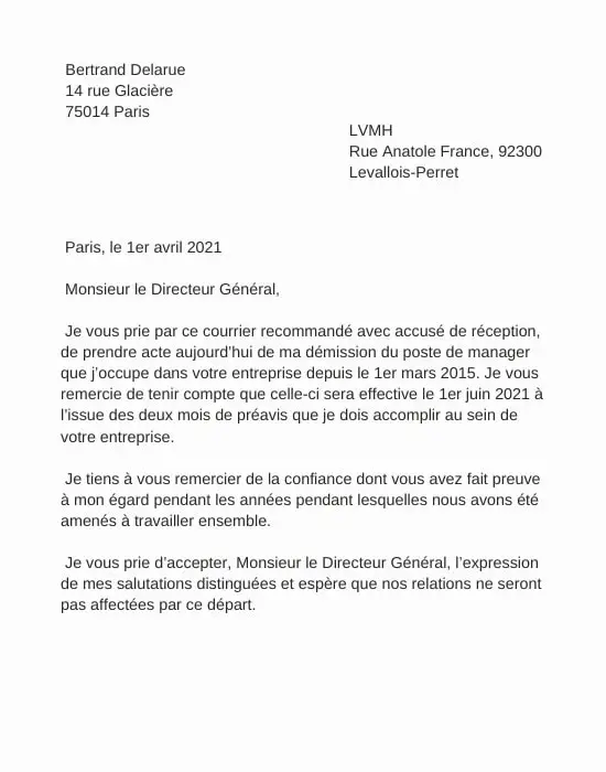 exemple de lettre de demission