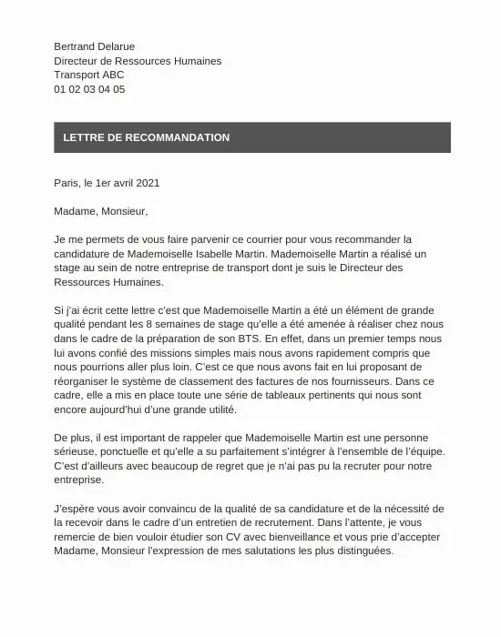 lettre de recommandation