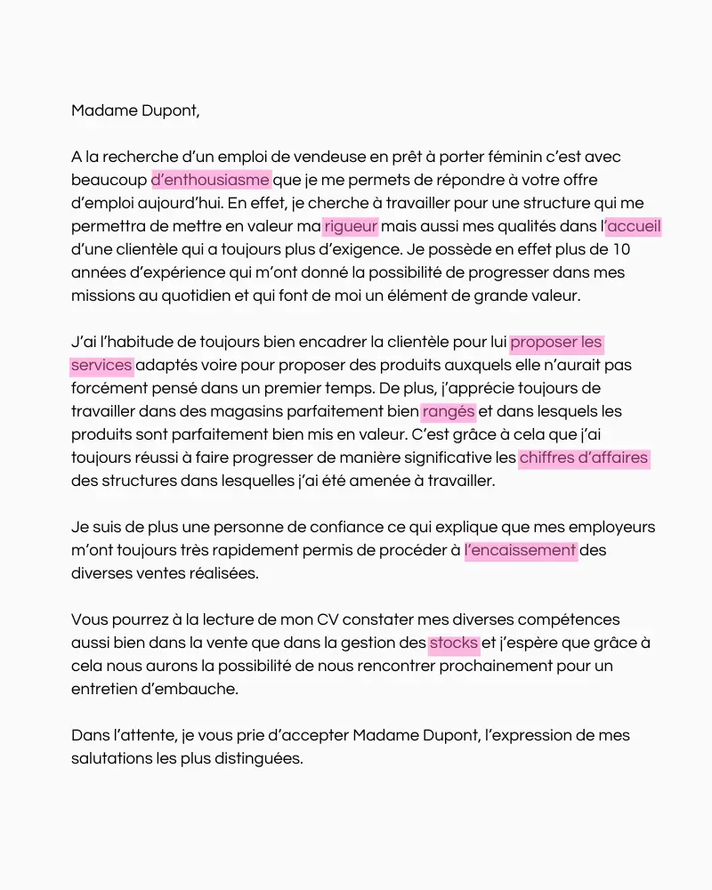 lettre de motivation adaptée vendeuse