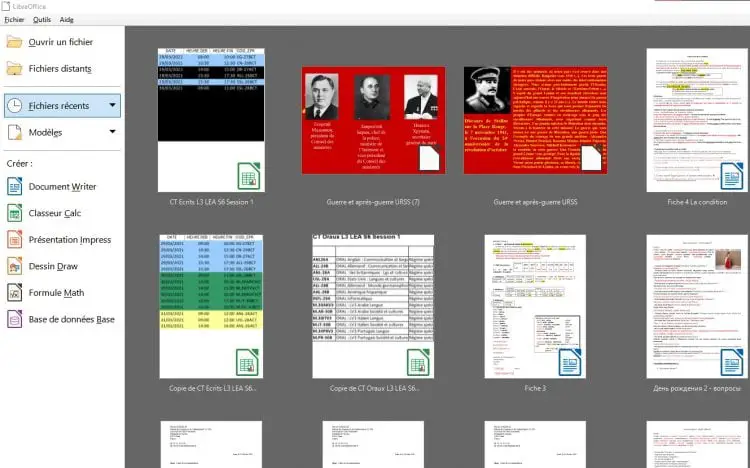 Menu d'accueil du traitement de texte LibreOffice
