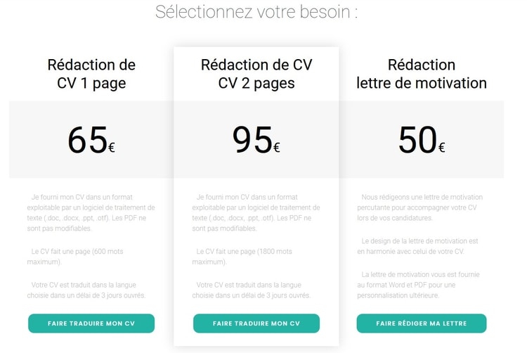 Les trois formules payantes de Mon Beau CV