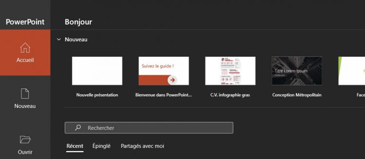 Menu d'accueil de Microsoft PowerPoint