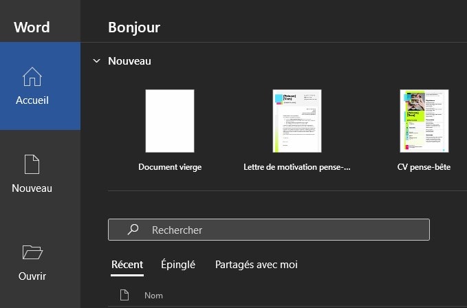 Menu d'accueil de Microsoft Word