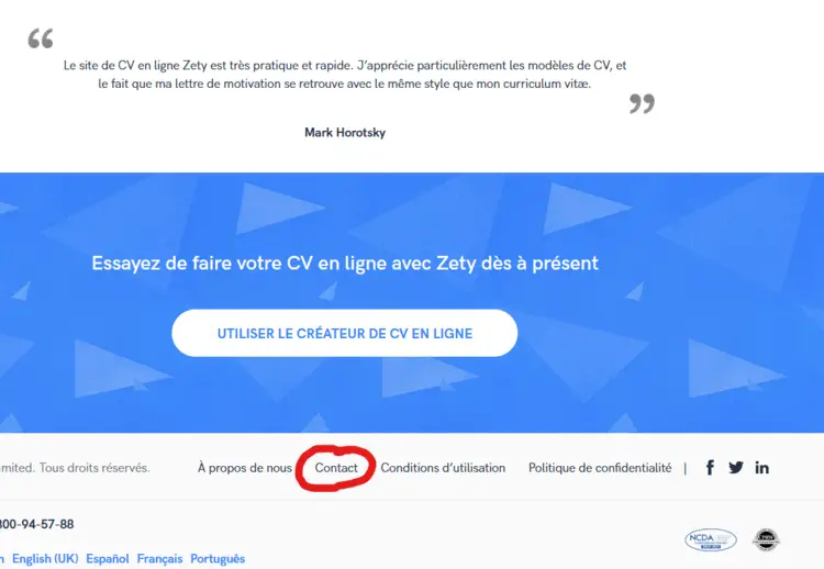 Contact du service client Zey en bas de page