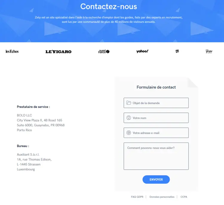 Page d'écriture du formulaire de contact Zety