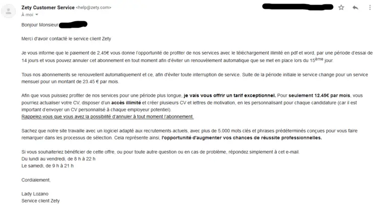 Mail complet de réponse envoyé par un conseiller client Zety